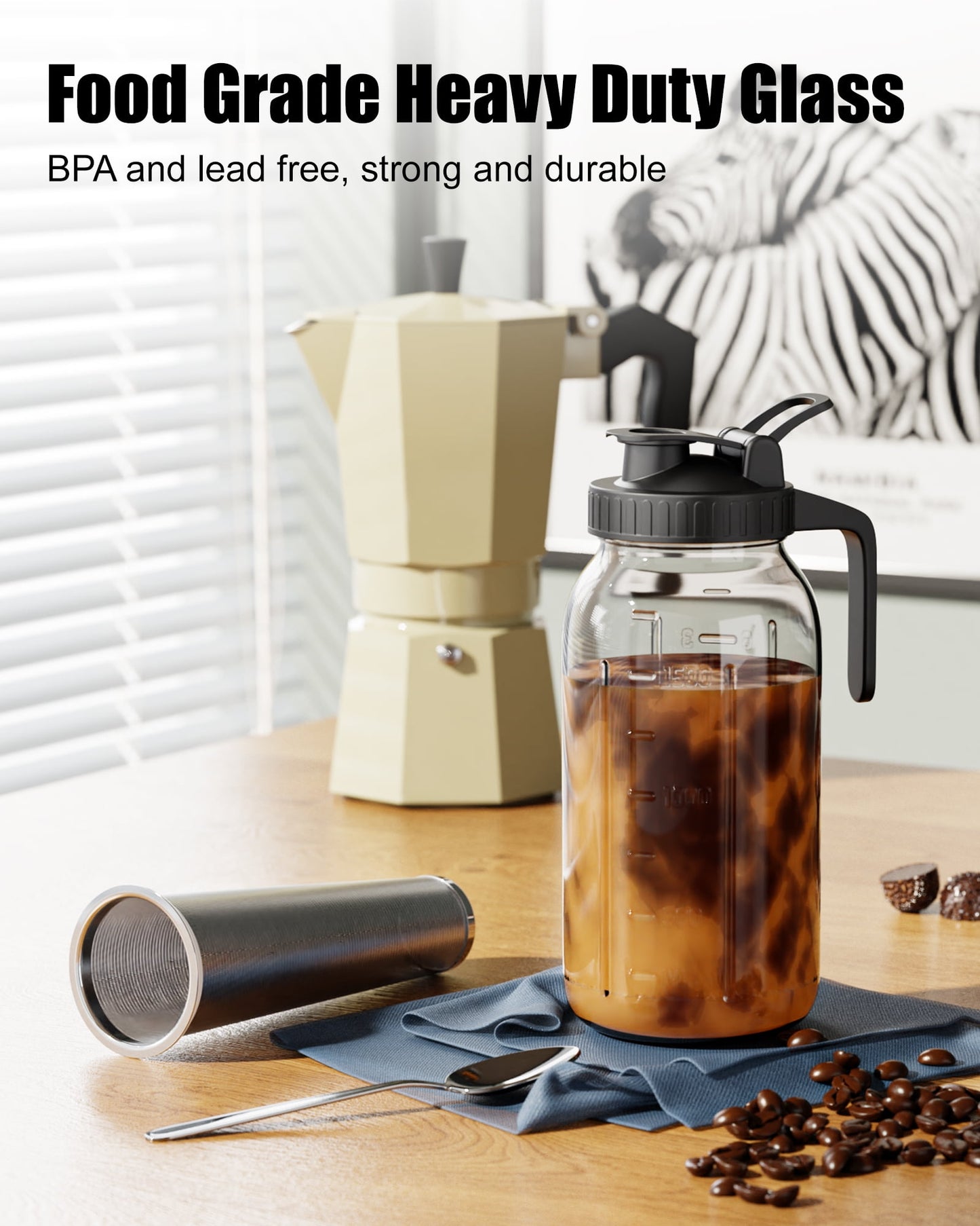 GOSCHE Cold Brew Coffee Maker - 2 Quart 64oz Stainless Steel Filter Cold Brew Pitcher Jar, No Leaks Cold Brew Mason Jar Coffee Maker, Easy to Clean Cold Coffee Maker