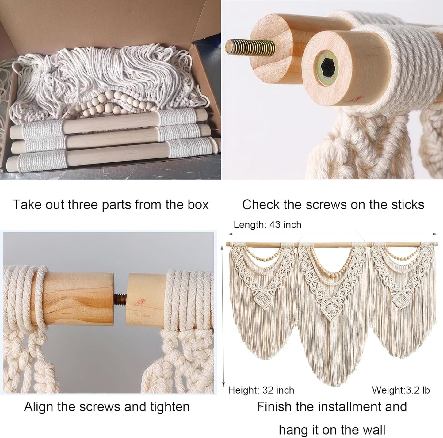GOSCHE Macrame Wall Hanging Boho Wall Decor for Living Room, 43"*32" Large Cotton Tapestry for Bedroom Farmhouse Woven Wall Art for Home Decor