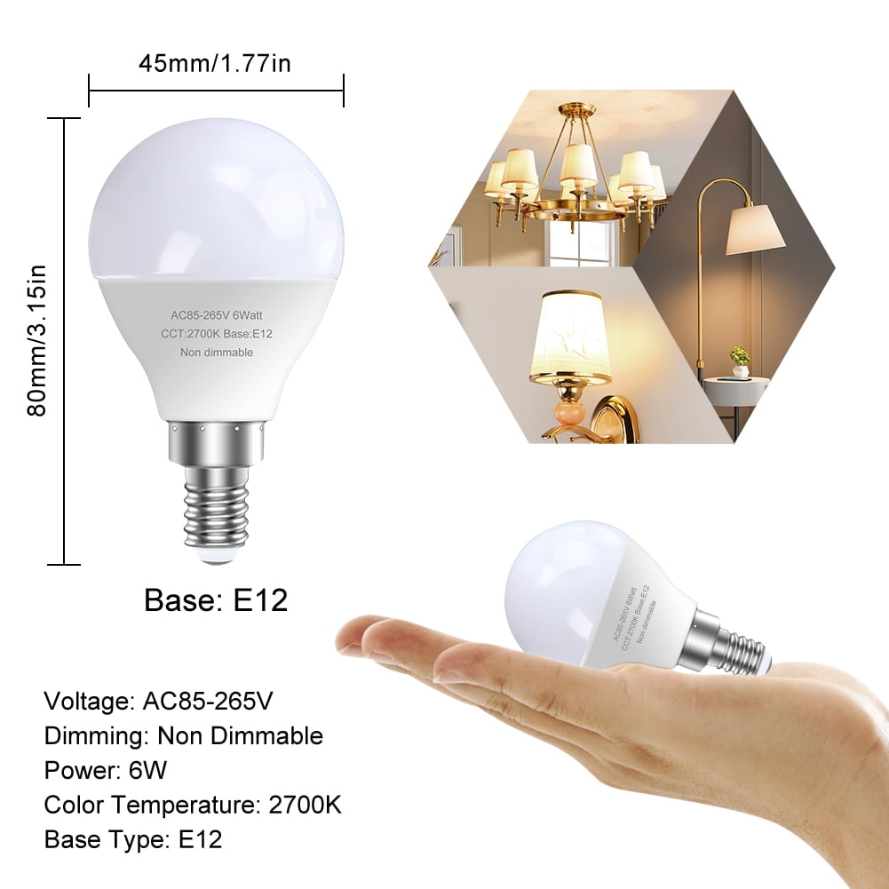 GOSCHE Light Bulbs,E12 led bulb 6 Watts (60 Watts Equivalent), Warm White 2700K, candelabra led light bulbs, A15 / G45 Shape 6 Pack