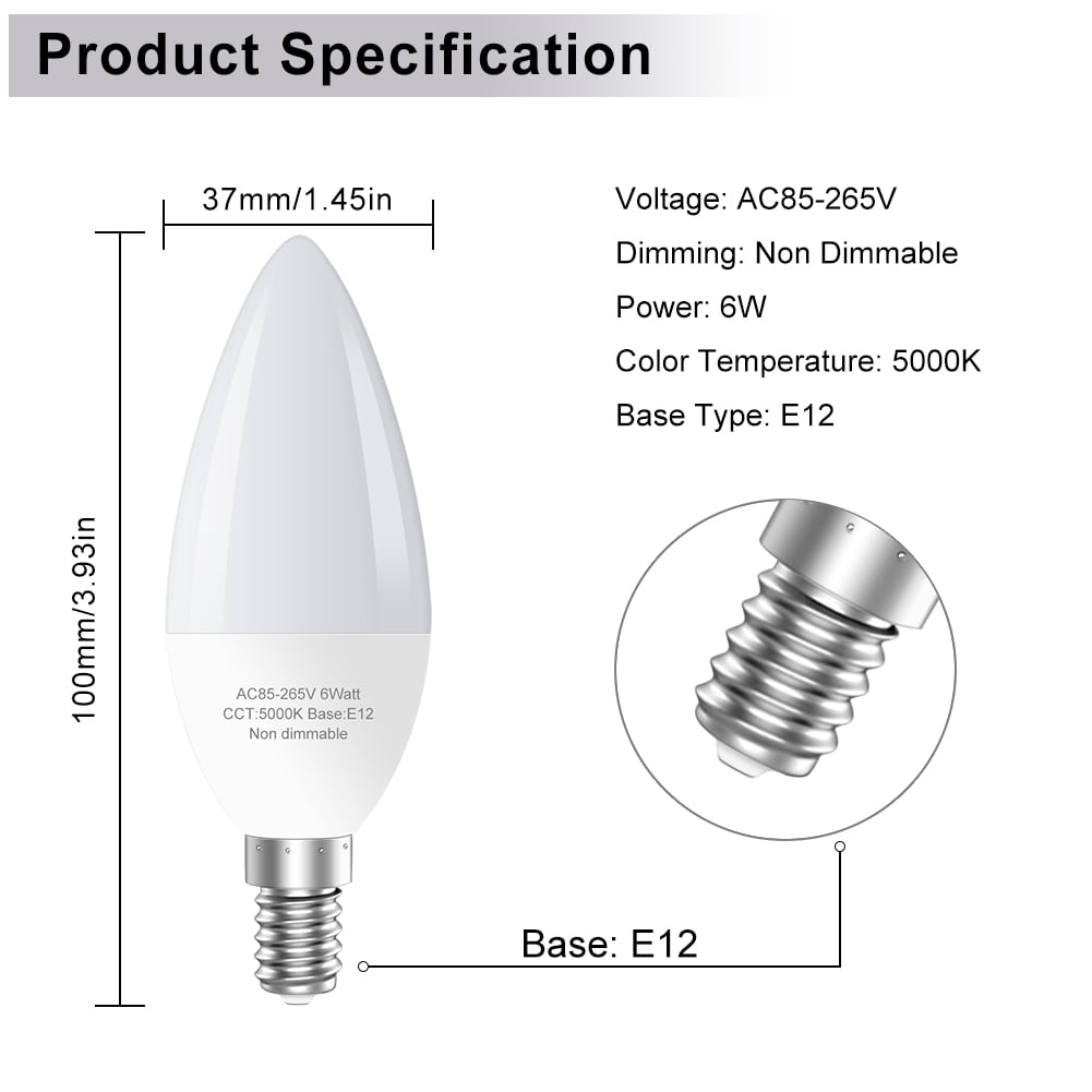 GOSCHE 6-Pack E12 LED Ceiling Fan Light Bulbs, 6 Watts (60 Watts Equivalent), 5000K Daylight, Type B Light Bulb for Chandelier, Non-Dimmable