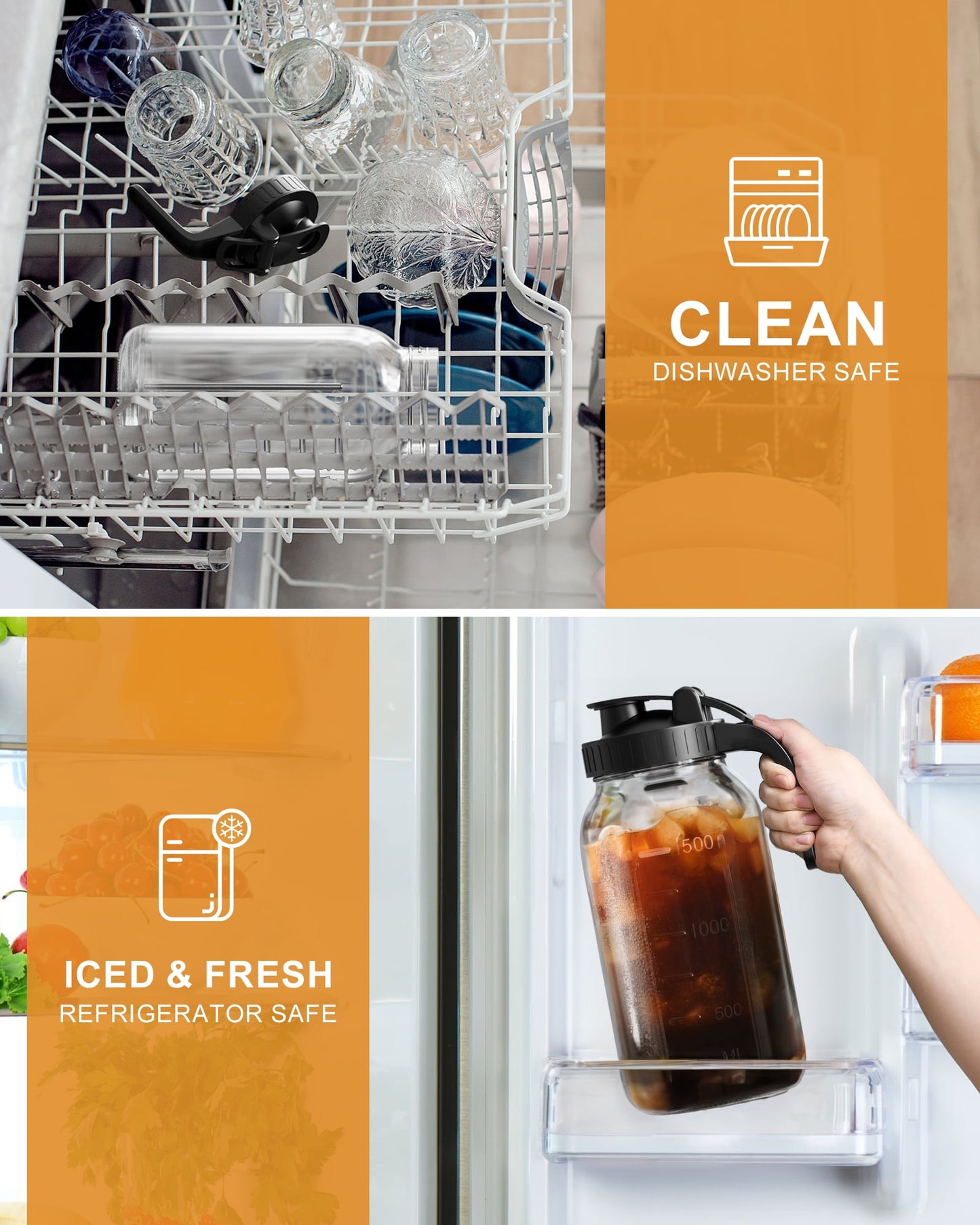 GOSCHE Mason Jar Glass Pitcher with Lid, 32 oz Clear Glass Pitcher with Handle for Sun Tea, Ice Juice , Lemonade, Fruit Drinks Container, Black