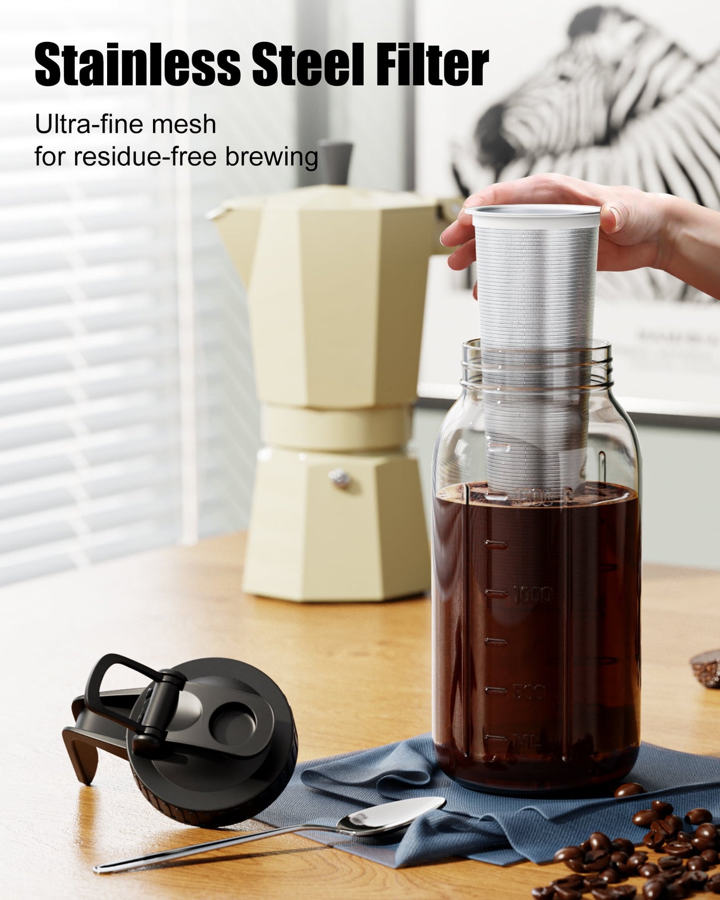 GOSCHE Cold Brew Coffee Maker - 2 Quart 64oz Stainless Steel Filter Cold Brew Pitcher Jar, No Leaks Cold Brew Mason Jar Coffee Maker, Easy to Clean Cold Coffee Maker