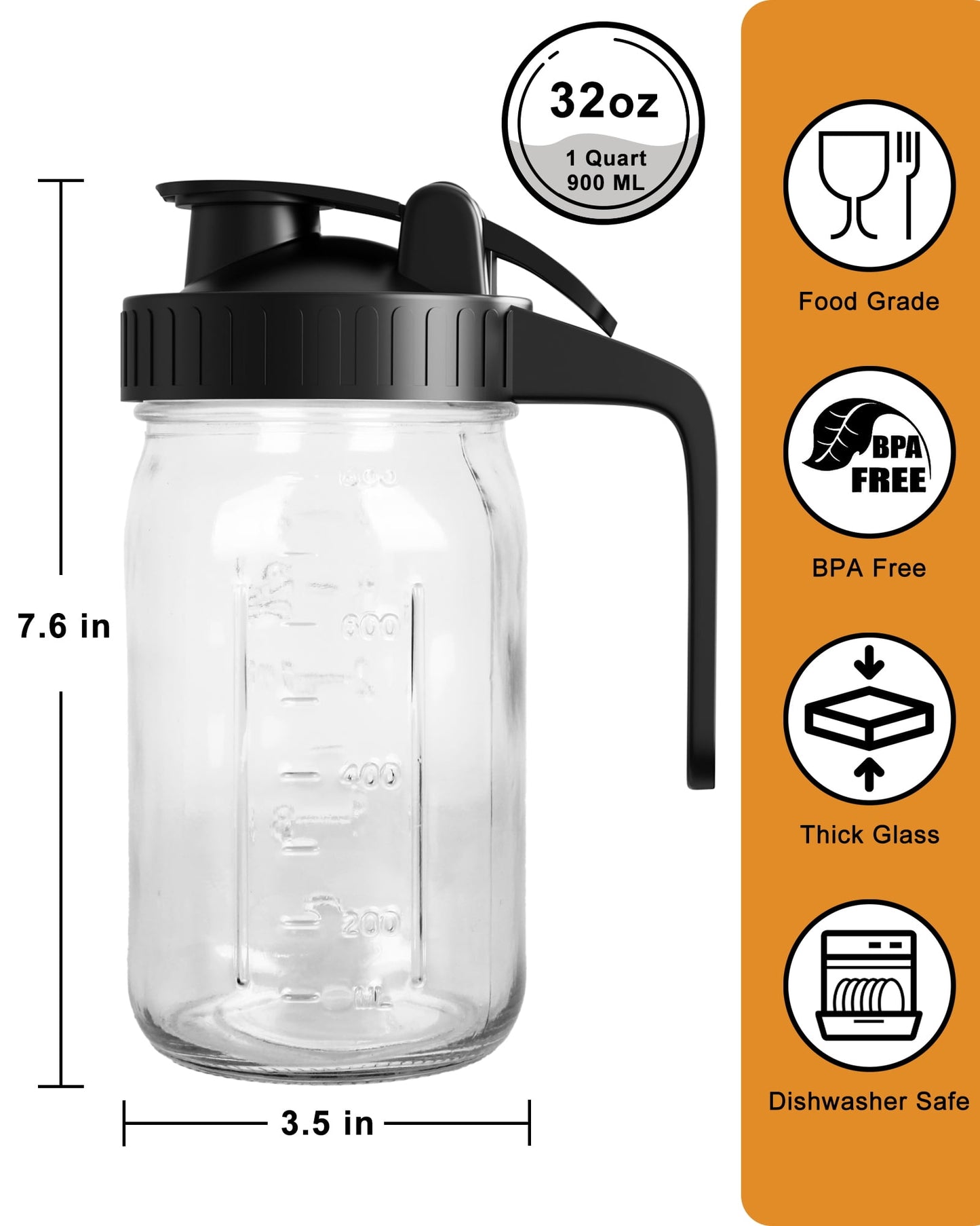 GOSCHE Mason Jar Glass Pitcher with Lid, 32 oz Clear Glass Pitcher with Handle for Sun Tea, Ice Juice , Lemonade, Fruit Drinks Container, Black