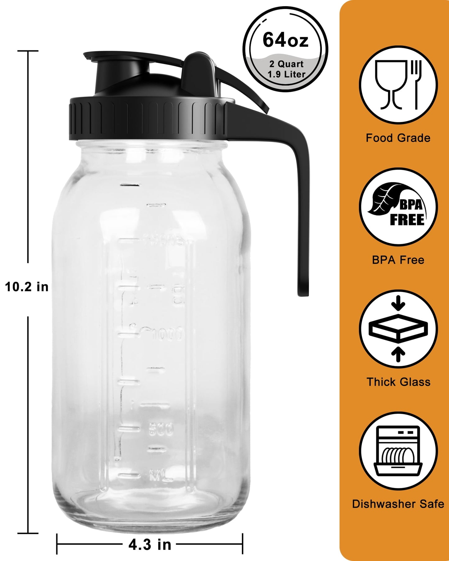 GOSCHE Glass Pitcher, 64 oz Large Mason Jar Pitcher with Lid and Spout, Pitcher with Lid for Cold Brew Coffee, Ice Beverage, Sun Tea, Black