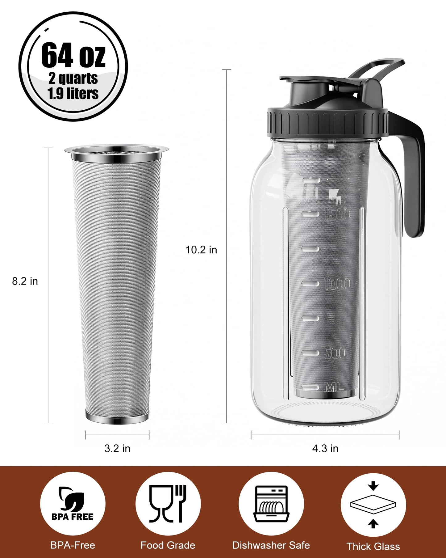 GOSCHE Cold Brew Coffee Maker - 2 Quart 64oz Stainless Steel Filter Cold Brew Pitcher Jar, No Leaks Cold Brew Mason Jar Coffee Maker, Easy to Clean Cold Coffee Maker