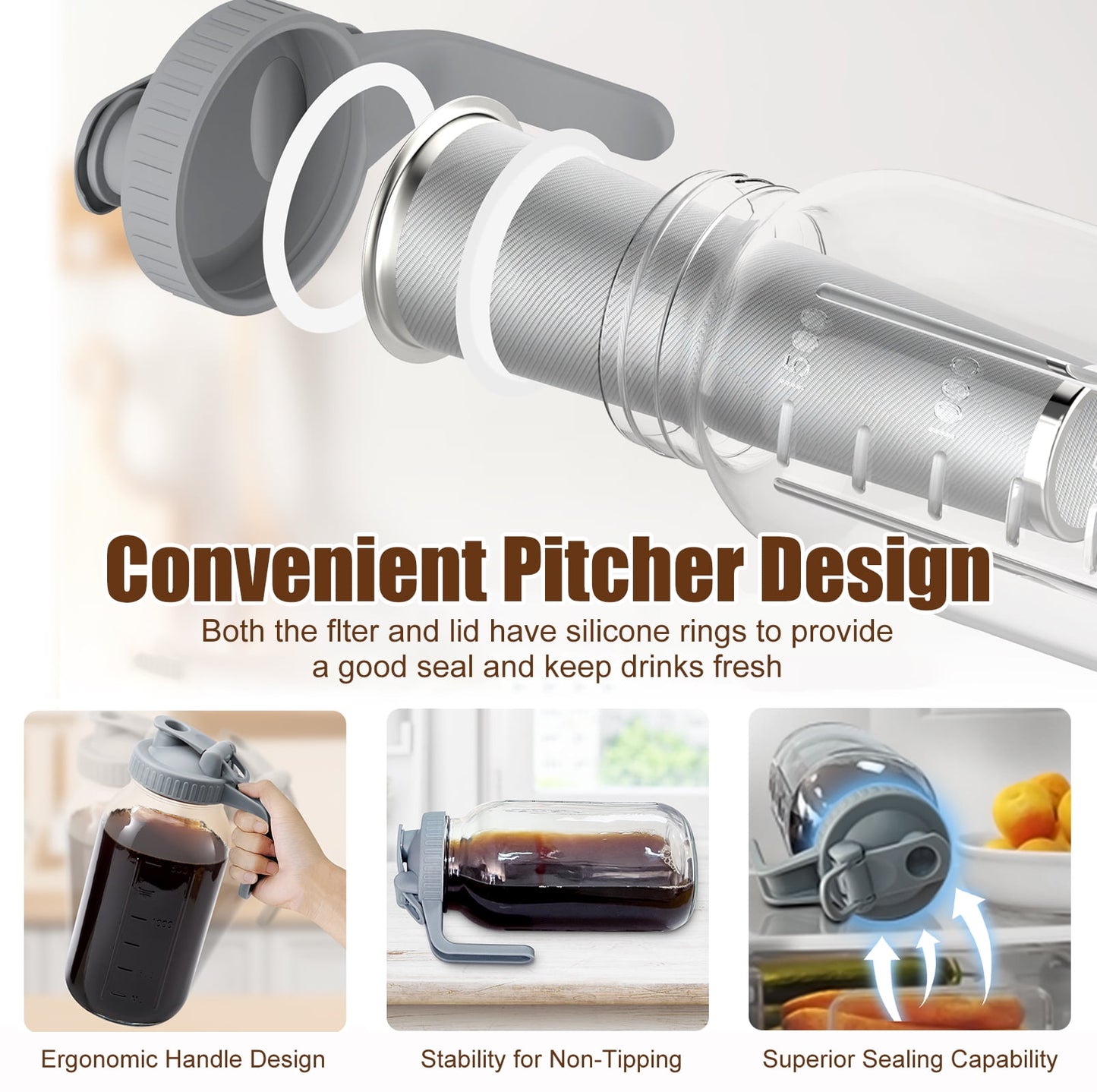 GOSCHE Cold Brew Coffee Maker 64oz Leak-Proof Cold Brew Pitcher with Stainless Steel Filter, Pour Spout Handle Lid, Gray