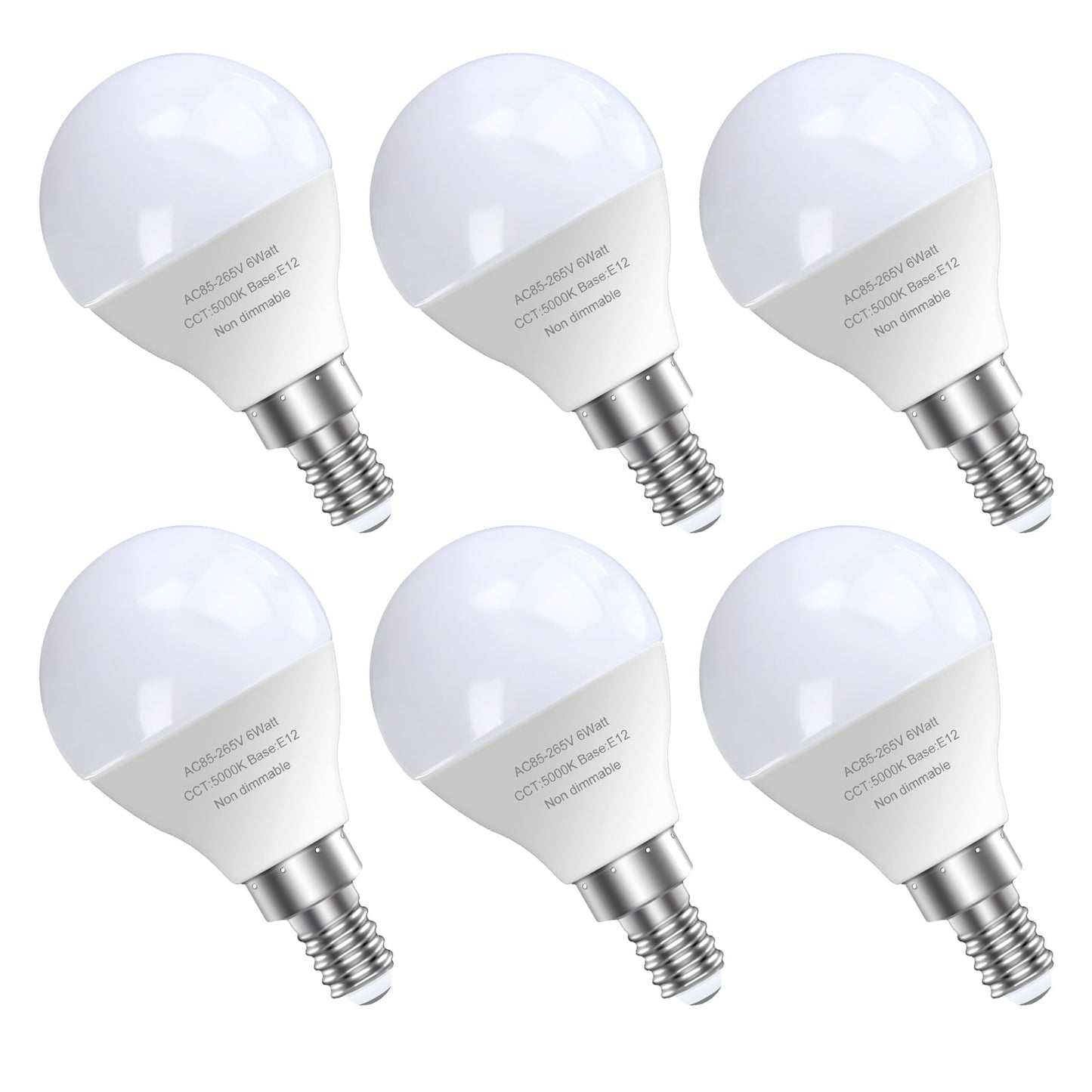 6 Pack Bright Ceiling Fan Light Bulbs, 120V 6 Watts (60 Watts Equivalent), 5000K E12 A15 Shape Candelabra Base Chandelier Led Bulb, Non-Dimmable