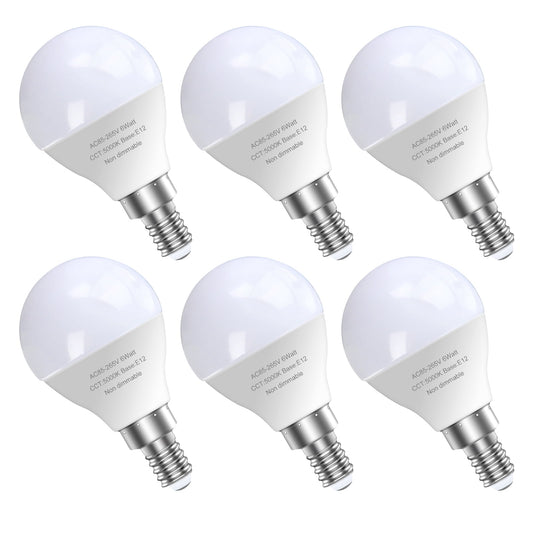 6 Pack Bright Ceiling Fan Light Bulbs, 120V 6 Watts (60 Watts Equivalent), 5000K E12 A15 Shape Candelabra Base Chandelier Led Bulb, Non-Dimmable