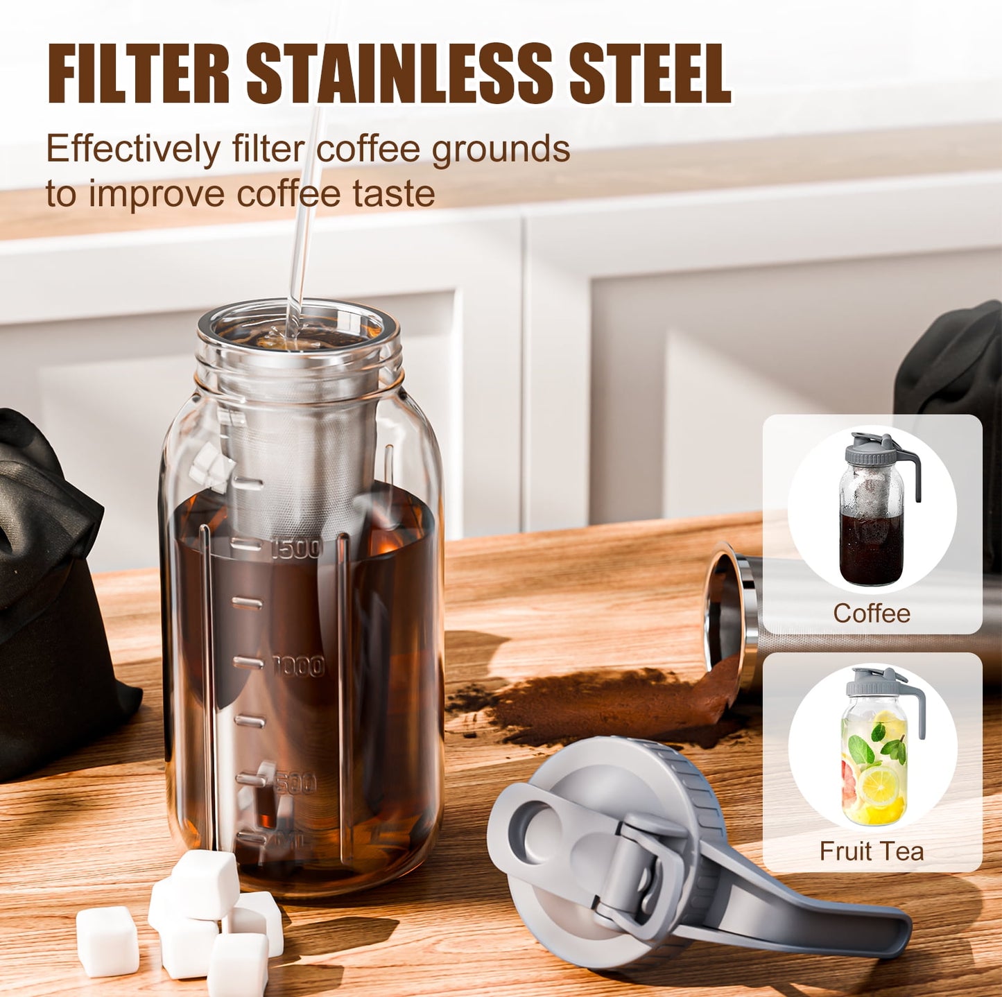 GOSCHE Cold Brew Coffee Maker 64oz Leak-Proof Cold Brew Pitcher with Stainless Steel Filter, Pour Spout Handle Lid, Gray