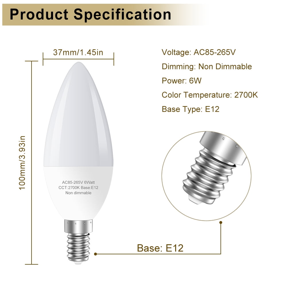 GOSCHE LED Light Bulbs, 6 Watts (60 Watts Equivalent) E12 led bulb,2700K Type B Light Bulb for Chandelier,12 Pack