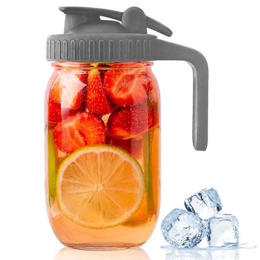 GOSCHE Glass Pitcher with Lid, 32 oz Heavy Duty Jug for Sun Tea, Ice Beverage, Iced Juice, Lemonade, Fruit Drinks Container, Gray