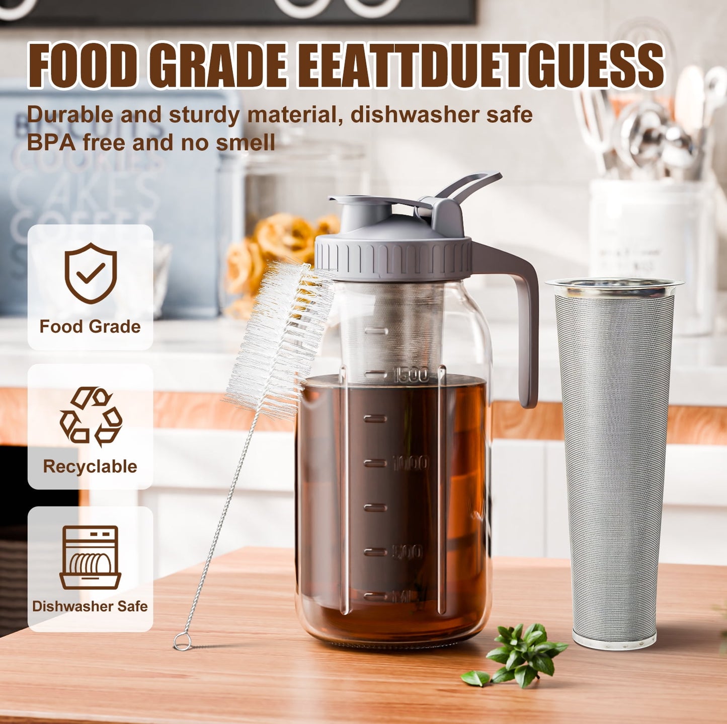 GOSCHE Cold Brew Coffee Maker 64oz Leak-Proof Cold Brew Pitcher with Stainless Steel Filter, Pour Spout Handle Lid, Gray