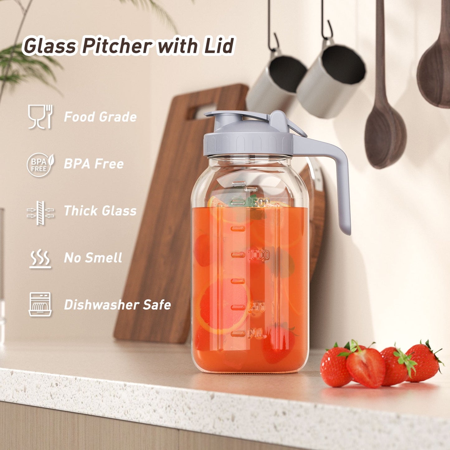 GOSCHE Glass Pitcher, 64 oz Large Mason Jar Pitcher with Lid and Spout, Pitcher with Lid for Cold Brew Coffee, Ice Beverage, Sun Tea, Gray