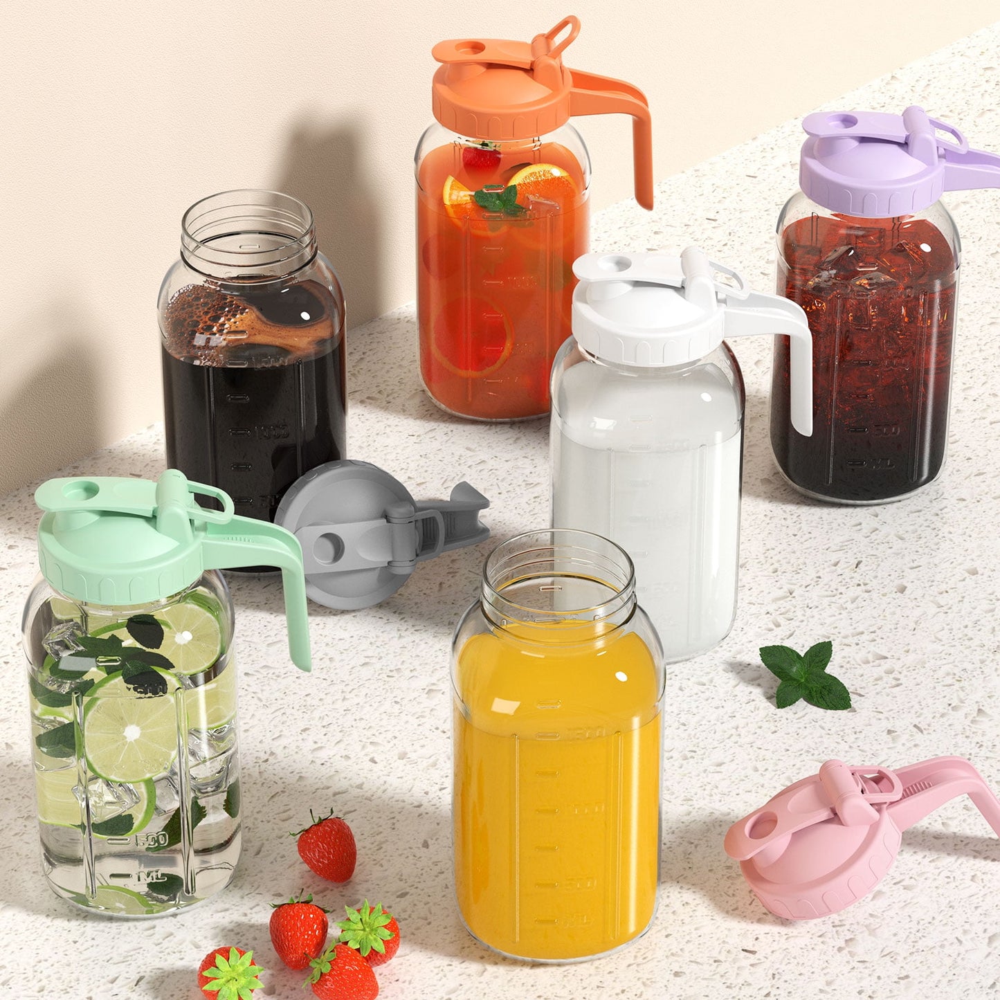 GOSCHE Glass Pitcher, 64 oz Large Mason Jar Pitcher with Lid and Spout, Pitcher with Lid for Cold Brew Coffee, Ice Beverage, Sun Tea, Gray