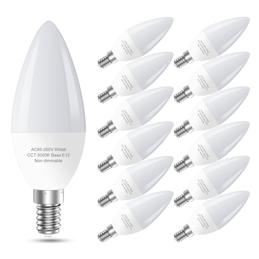 GOSCHE 12-Pack E12 C37 LED Ceiling Fan Light Bulbs, 60 Watts Equivalent, 5000K Daylight, Type B Light Bulb for Chandelier, Non-Dimmable