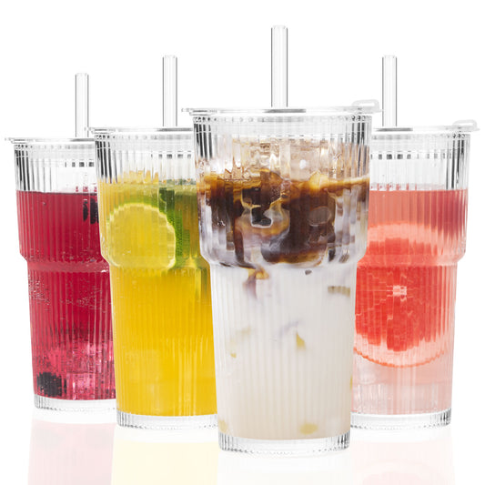 GOSCHE Glass Cups with Lids and Straws 20 oz Ribbed Thickened Glass Tumbler with Cleaning Brushes for Juice Coffee Smoothies Tea 4pcs