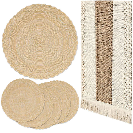 Boho Placemats Set of 6, 15" Round Place Mats with 66" Table Runner, Woven Table Mats Cotton Placemat Boho Kitchen Tabletop Home Decor