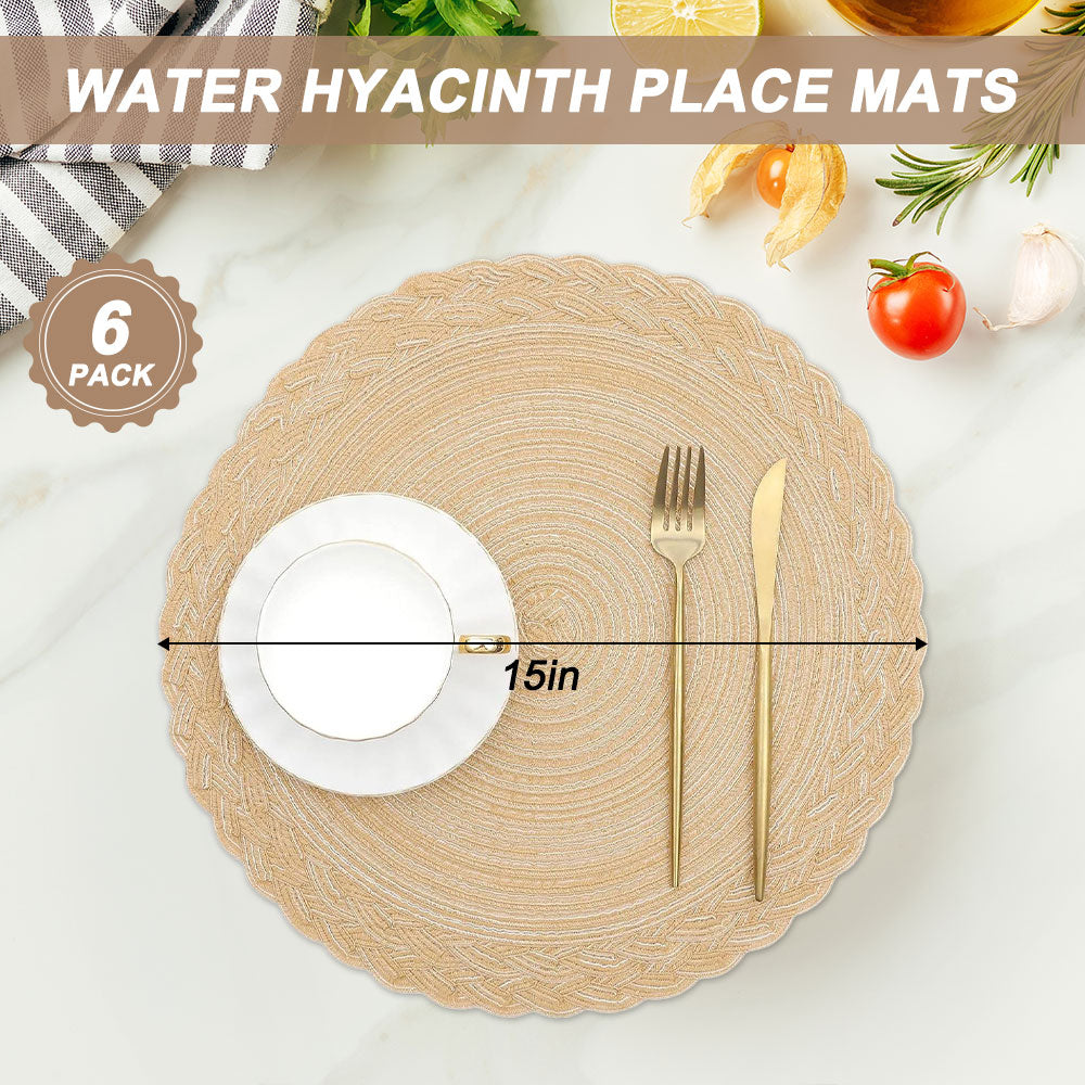 Boho Placemats Set of 6, 15" Round Place Mats with 66" Table Runner, Woven Table Mats Cotton Placemat Boho Kitchen Tabletop Home Decor