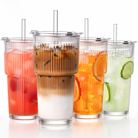 20oz Ribbed Glass Tumblers with Lids and Straws, Set of 4 | GOSCHE