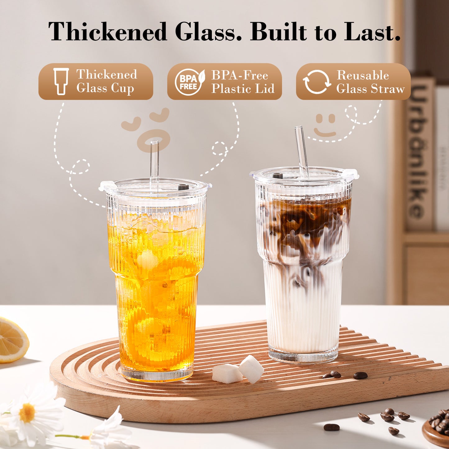 20oz Clear Ribbed Glass Tumblers with Lids and Straws, Set of 6 | GOSCHE