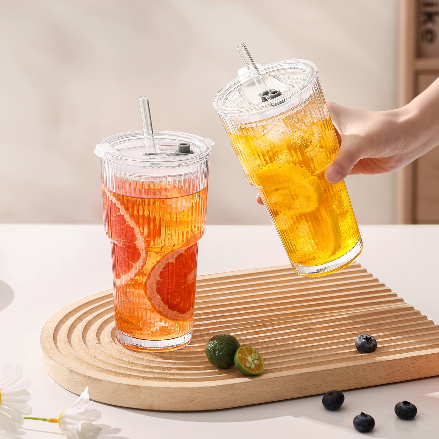 20oz Clear Ribbed Glass Tumblers with Lids and Straws, Set of 6 | GOSCHE