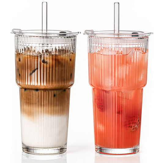 20oz Clear Ribbed Glass Tumblers with Lids and Straws, Set of 2 | GOSCHE