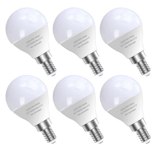 6 Pack Bright Ceiling Fan Light Bulbs, 120V 60 Watt Equivalent, 5000K E12 A15 Shape Candelabra Base Chandelier Led Bulb, Non-Dimmable