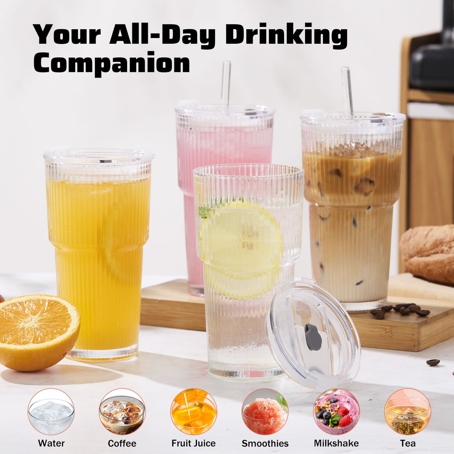 GOSCHE Glass Cups with Lids and Straws 20 oz Ribbed Thickened Glass Tumbler with Cleaning Brushes for Juice Coffee Smoothies Tea 4pcs