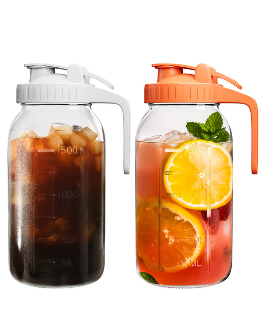 GOSCHE 2 Pack 64oz Glass Pitcher with Lid and Spout Leak Proof Mason Jar Pitcher with Handle for Fridge Juice Beverage Iced Tea Coffee White Orange
