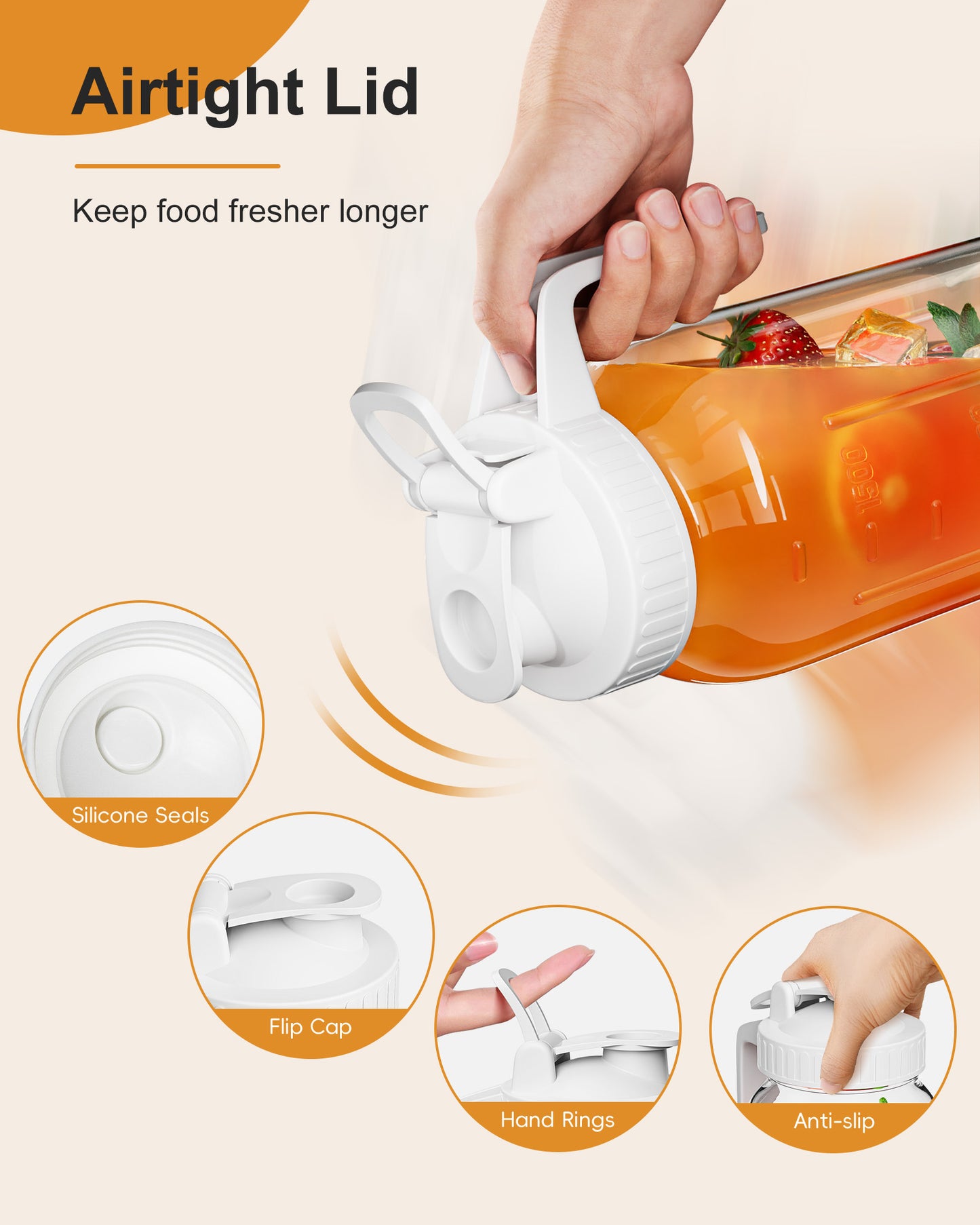 GOSCHE 2 Pack 64oz Glass Pitcher with Lid and Spout Leak Proof Mason Jar Pitcher with Handle for Fridge Juice Beverage Iced Tea Coffee White Orange