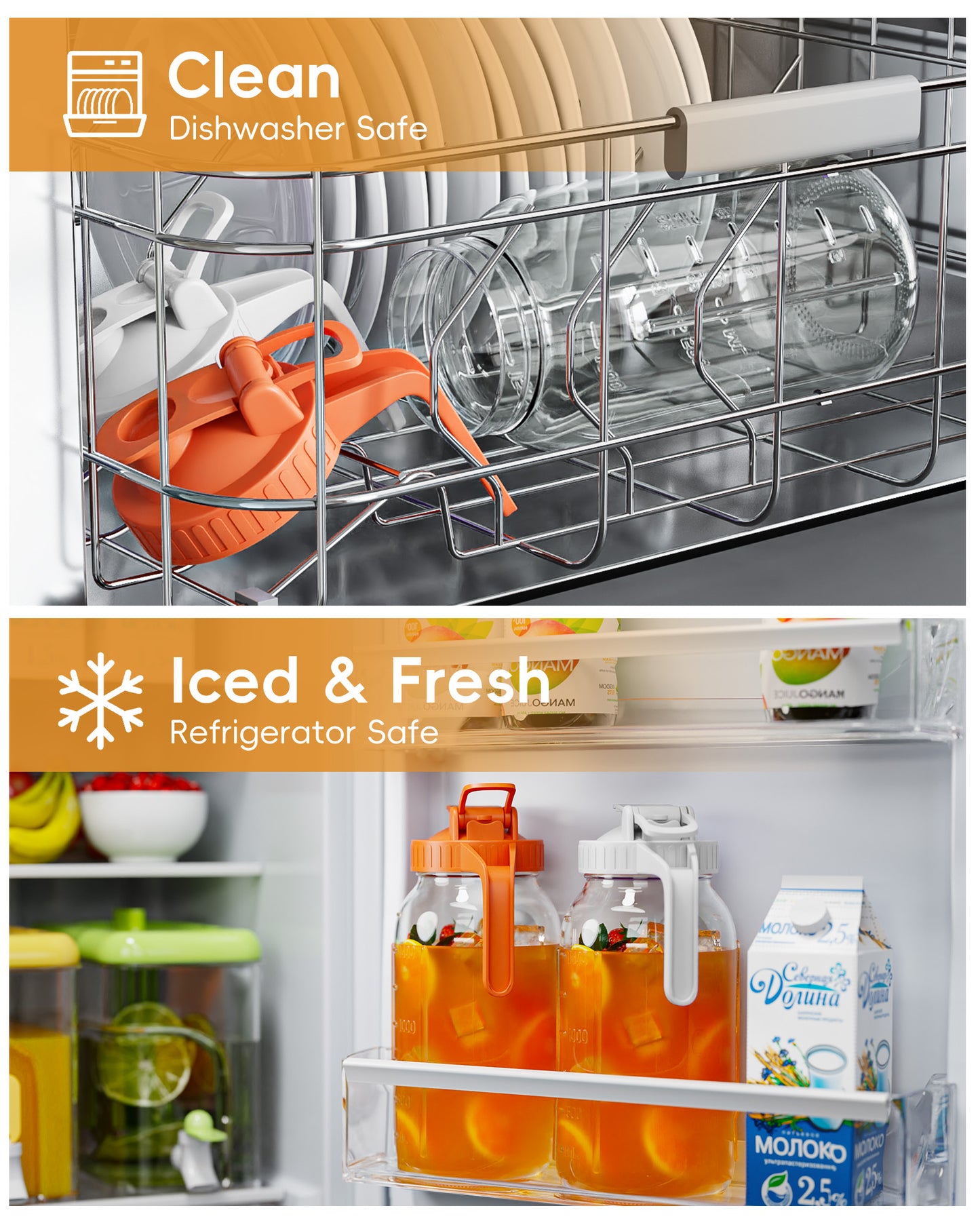 GOSCHE 2 Pack 64oz Glass Pitcher with Lid and Spout Leak Proof Mason Jar Pitcher with Handle for Fridge Juice Beverage Iced Tea Coffee White Orange