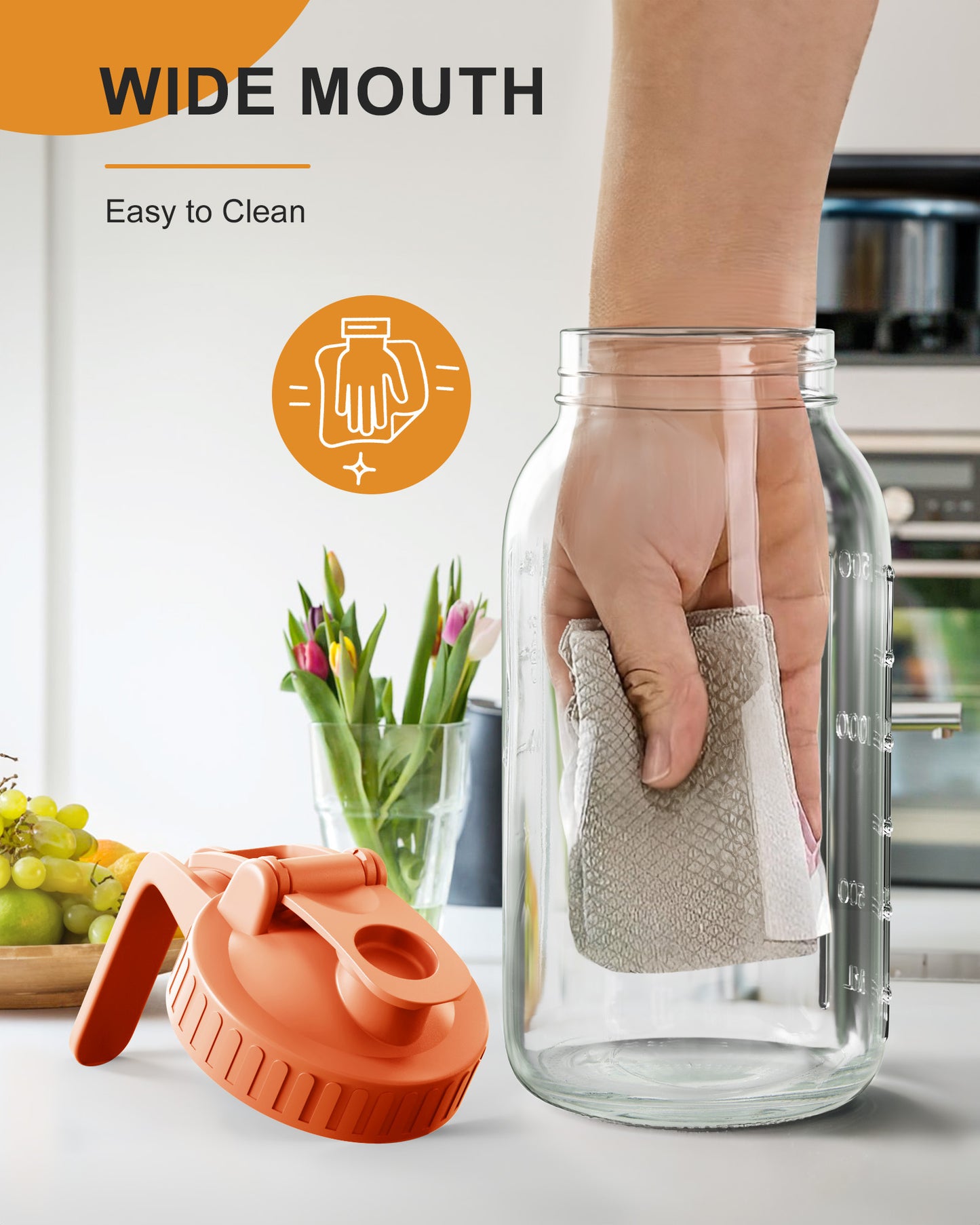 GOSCHE 2 Pack 64oz Glass Pitcher with Lid and Spout Leak Proof Mason Jar Pitcher with Handle for Fridge Juice Beverage Iced Tea Coffee White Orange