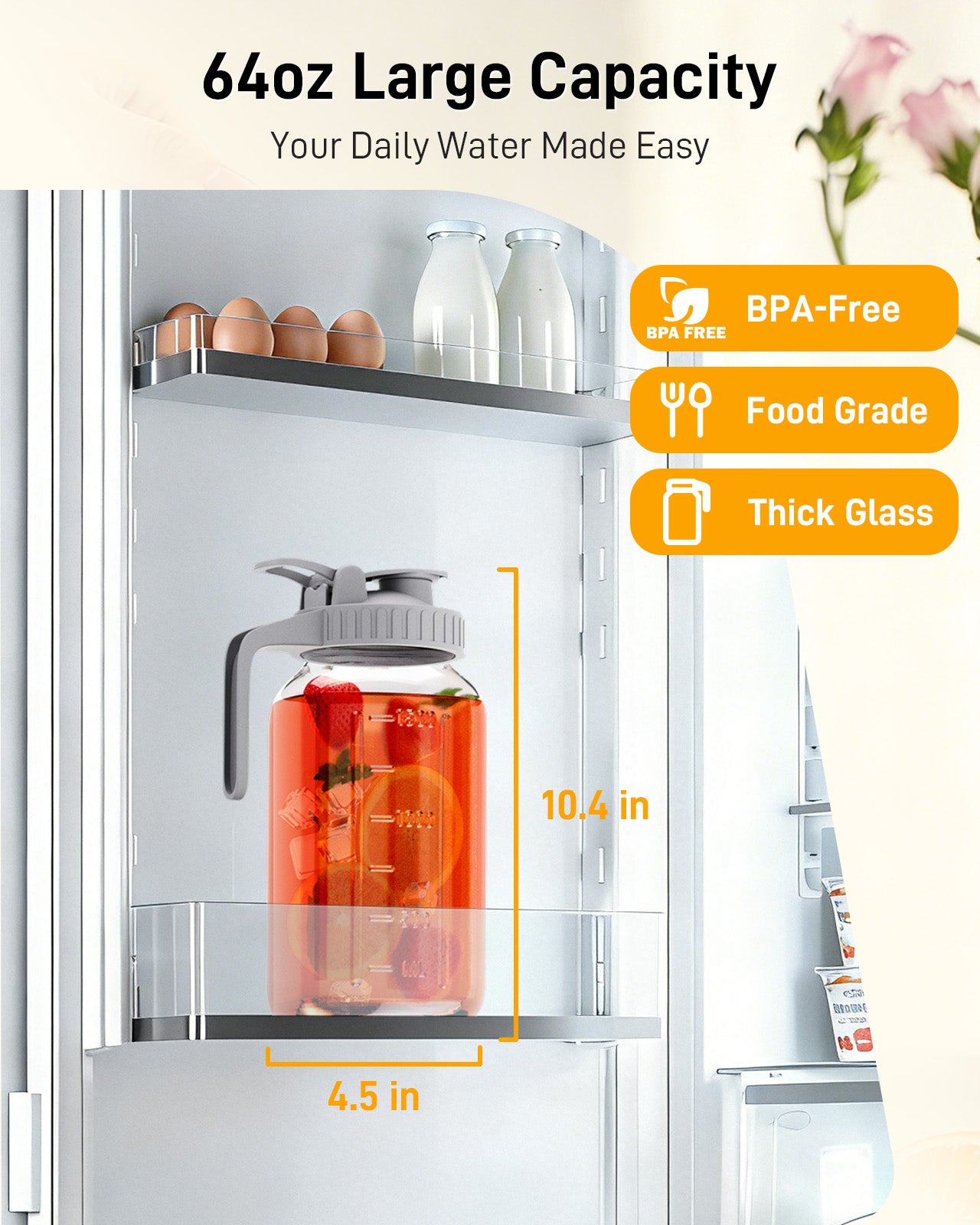 GOSCHE 2 Pack 64oz Glass Pitcher with Lid and Spout Leak Proof Mason Jar Pitcher with Handle for Fridge Juice Beverage Iced Tea Coffee Gray