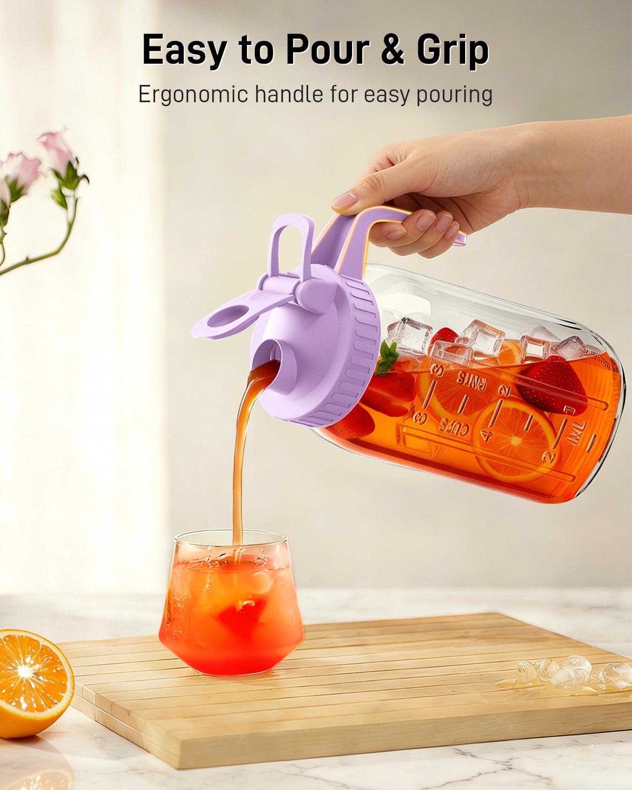 GOSCHE 2 Pack 64oz Glass Pitcher with Lid and Spout Leak Proof Mason Jar Pitcher with Handle for Fridge Juice Beverage Iced Tea Coffee Purple Orange