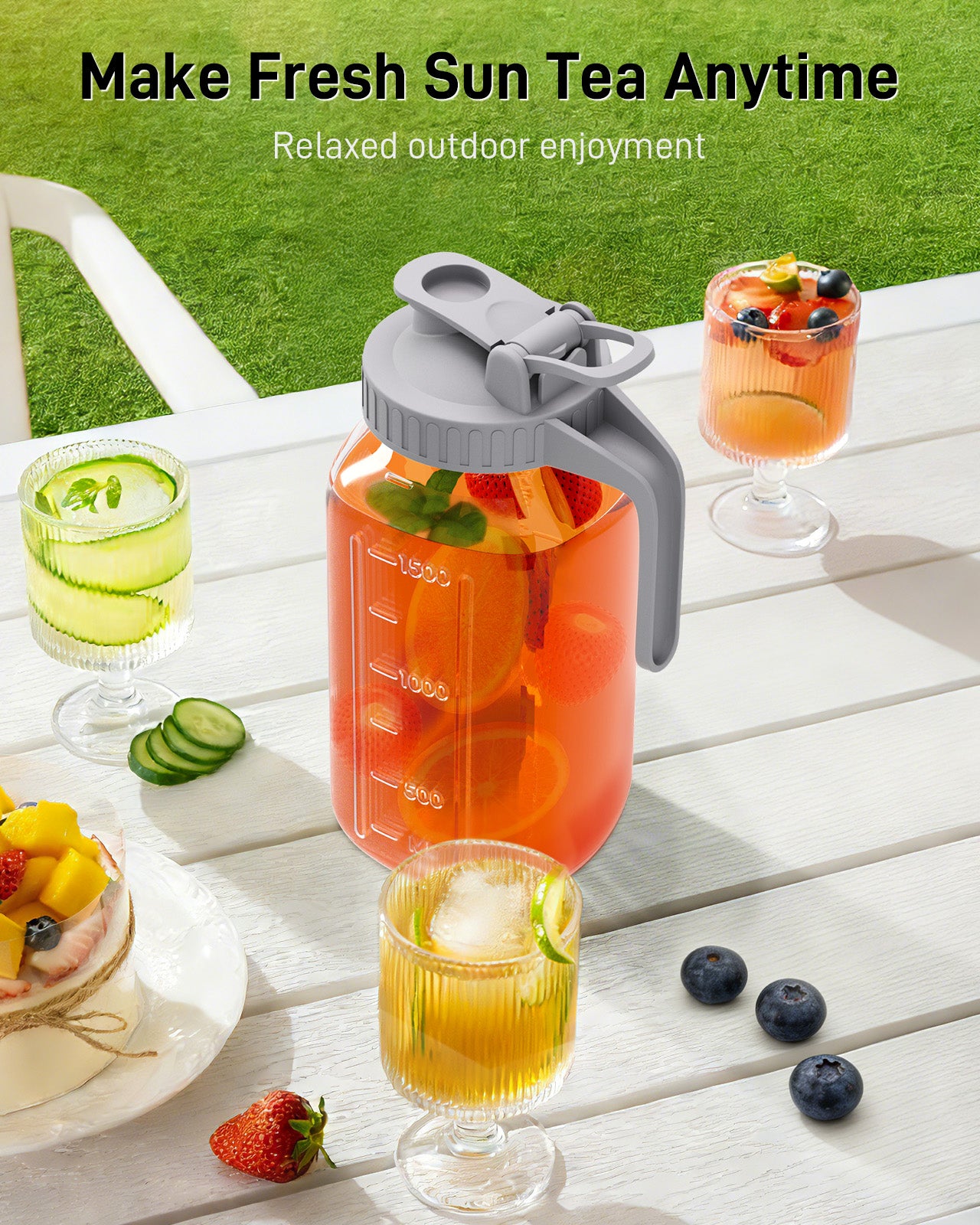 GOSCHE 2 Pack 64oz Glass Pitcher with Lid and Spout Leak Proof Mason Jar Pitcher with Handle for Fridge Juice Beverage Iced Tea Coffee Gray