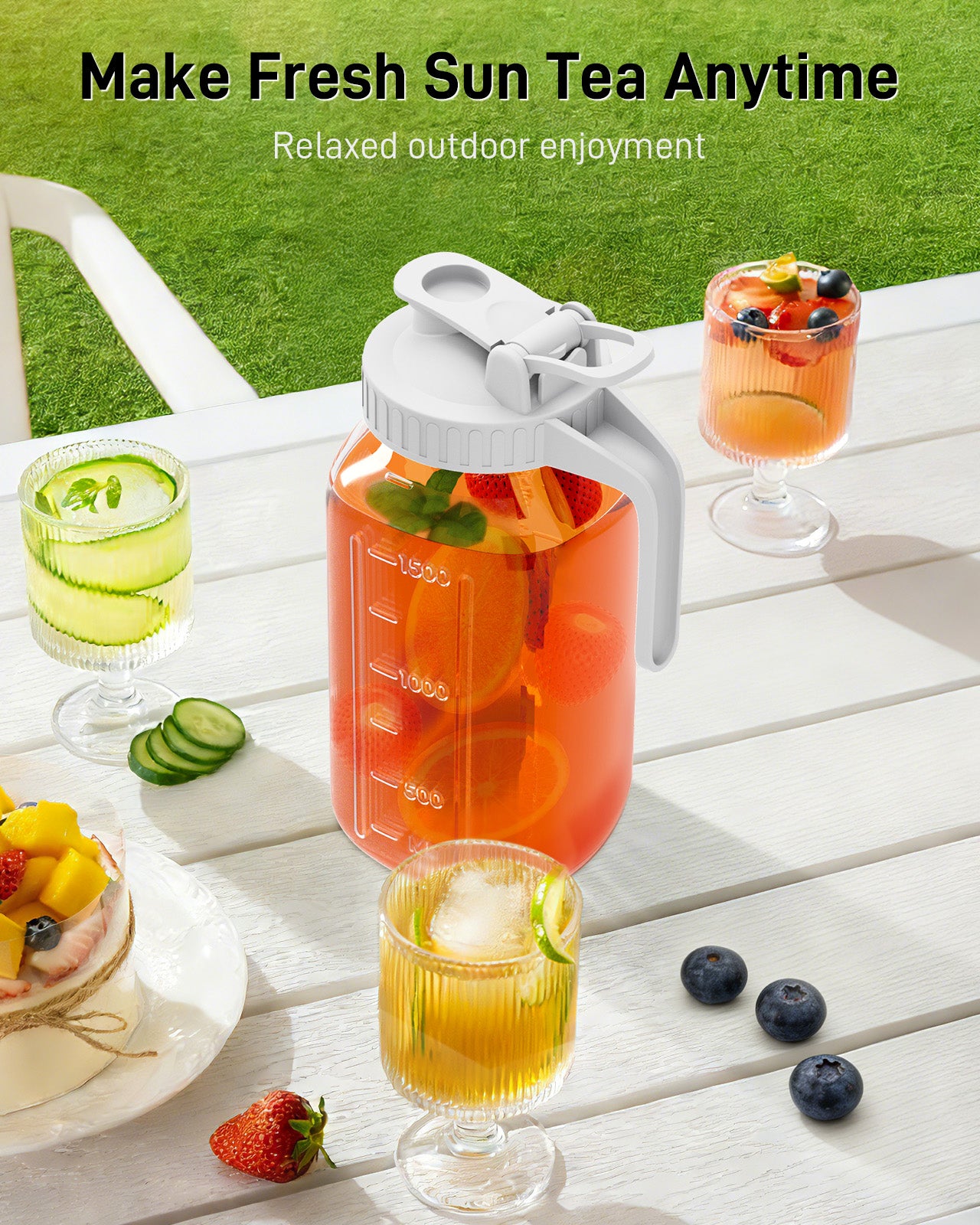 GOSCHE 2 Pack 64oz Glass Pitcher with Lid and Spout Leak Proof Mason Jar Pitcher with Handle for Fridge Juice Beverage Iced Tea Coffee White Orange