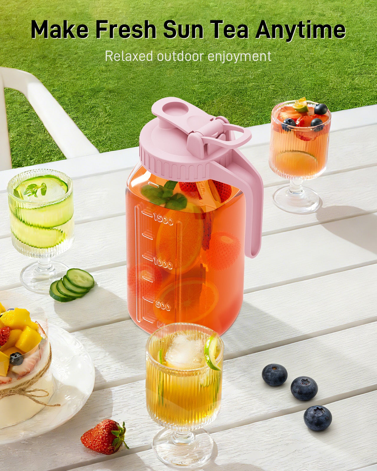 GOSCHE 2 Pack 64oz Glass Pitcher with Lid and Spout Leak Proof Mason Jar Pitcher with Handle for Fridge Juice Beverage Iced Tea Coffee Pink Green