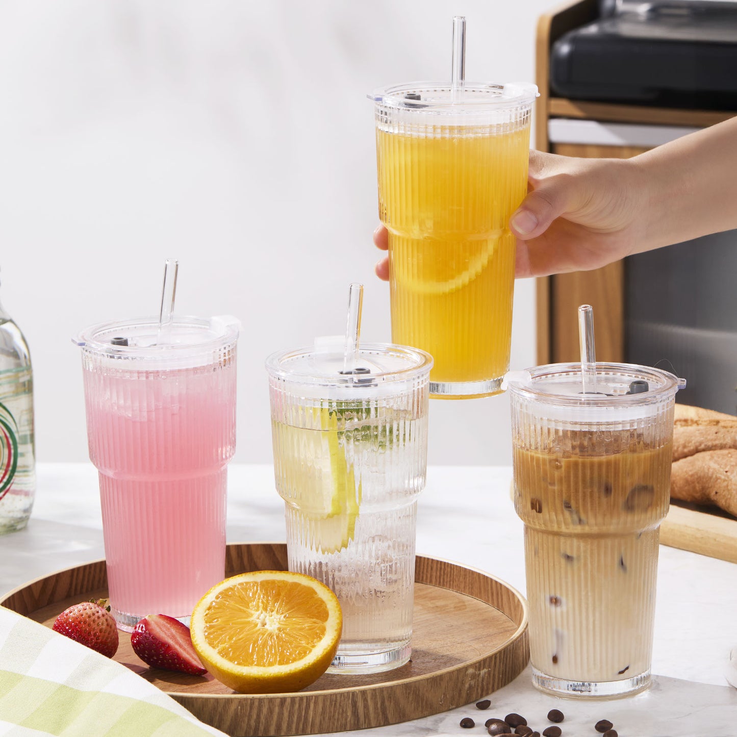 GOSCHE Glass Cups with Lids and Straws 20 oz Ribbed Thickened Glass Tumbler with Cleaning Brushes for Juice Coffee Smoothies Tea 2pcs