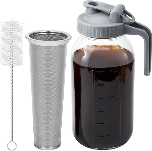 Cold Brew Coffee Maker - 2 Quart 64oz Stainless Steel Filter Cold Brew Pitcher Jar, No Leaks Cold Brew Mason Jar Coffee Maker, Easy to Clean Cold Coffee Maker