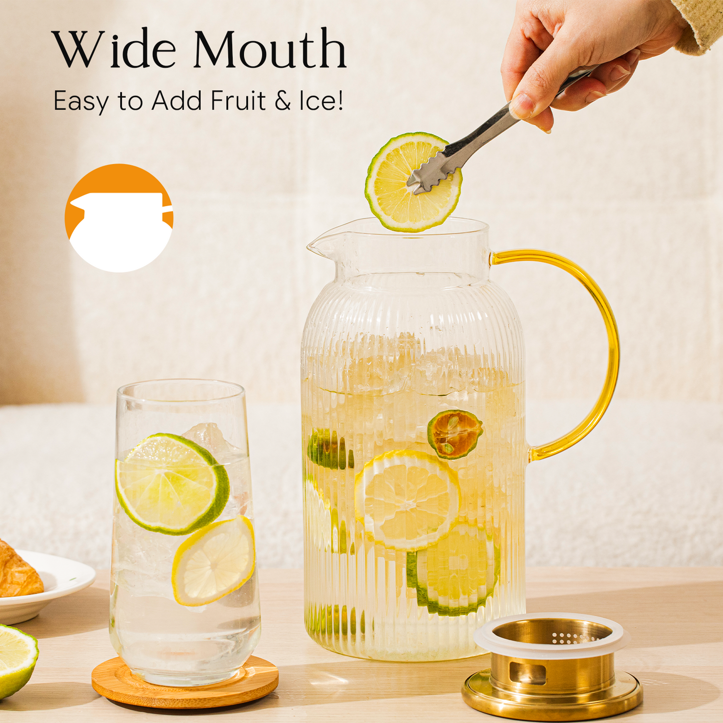 GOSCHE 68oz 2 Pack Glass Pitcher with Lid and Handle Classic Stripes Glass Water Pitcher with Spout for Cold and Hot Beverage, Iced Tea, Juice, Lemonade, Coffee