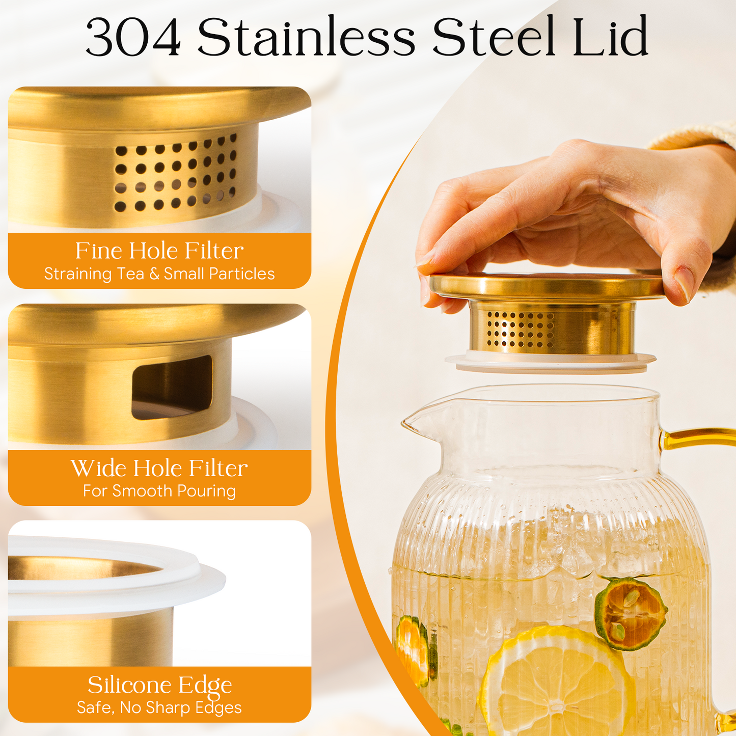 GOSCHE 68oz 2 Pack Glass Pitcher with Lid and Handle Classic Stripes Glass Water Pitcher with Spout for Cold and Hot Beverage, Iced Tea, Juice, Lemonade, Coffee