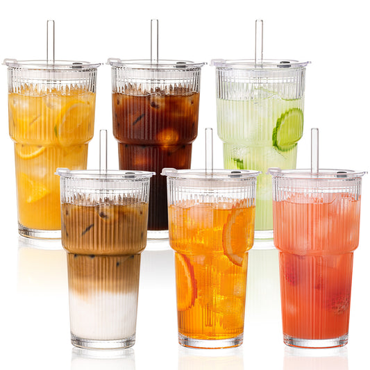 20oz Clear Ribbed Glass Tumblers with Lids and Straws, Set of 6 | GOSCHE