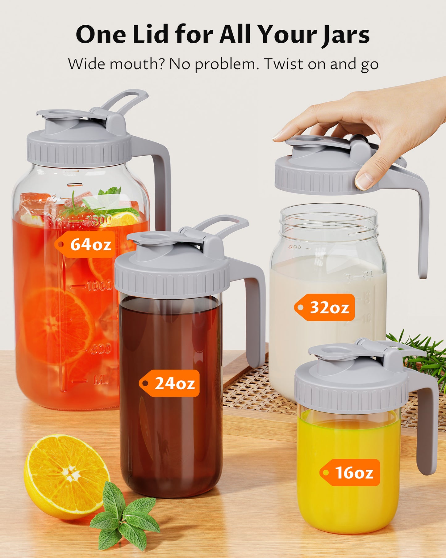 GOSCHE Mason Jar Pour Spout Lid Flip Cap Airtight Wide Mouth Mason Jar Lids with Handle for Drinks Milk Coffee Leak Proof 2 Pack Black Gray