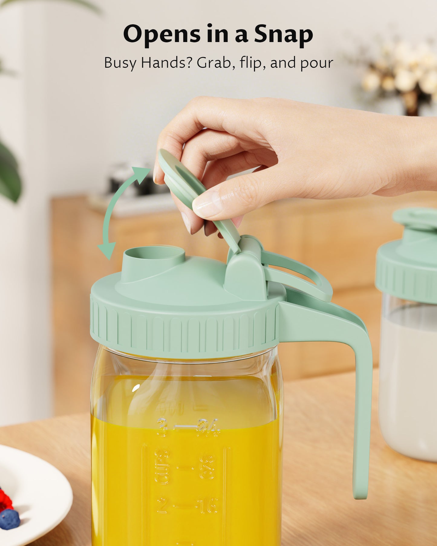 GOSCHE Mason Jar Pour Spout Lid Flip Cap Airtight Wide Mouth Mason Jar Lids with Handle for Drinking Leak Proof 2 Pack