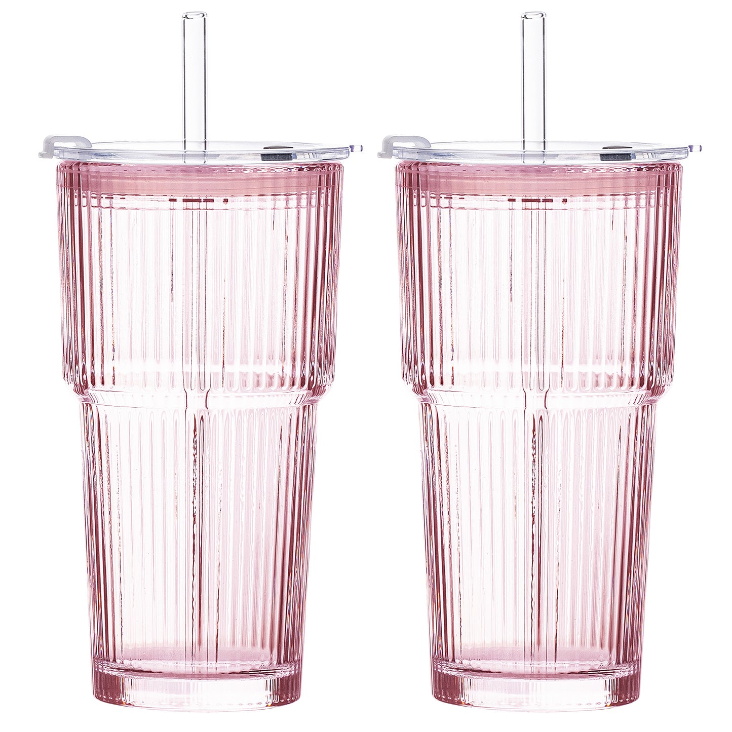 20oz Pink Glass Cups with Lids and Straws, Ribbed Set of 2 | GOSCHE