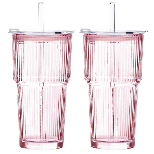 20oz Pink Glass Cups with Lids and Straws, Ribbed Set of 2 | GOSCHE
