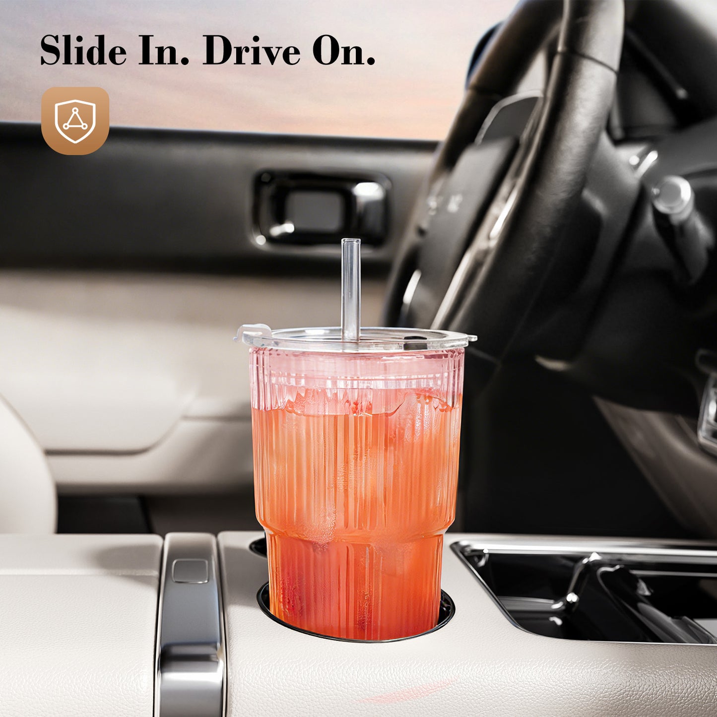 20oz Pink Glass Cups with Lids and Straws, Ribbed Set of 2 | GOSCHE