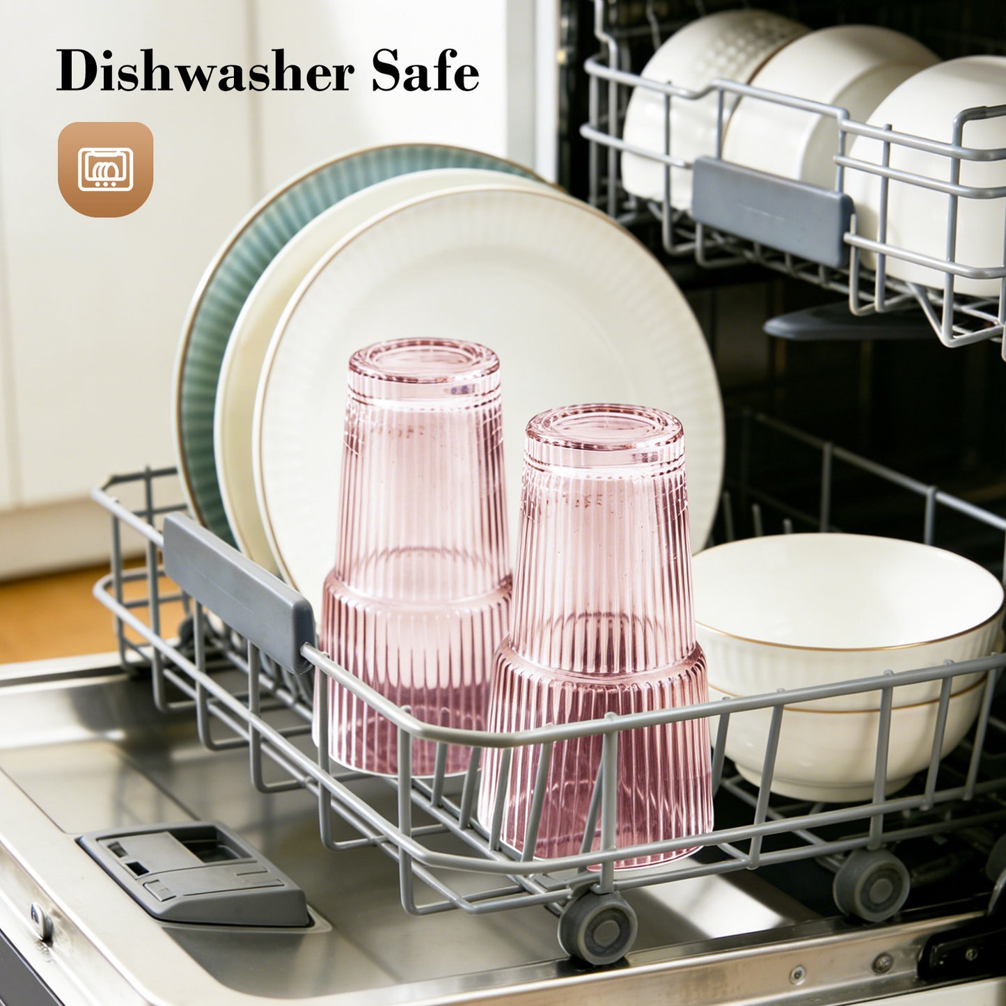 20oz Pink Glass Cups with Lids and Straws, Ribbed Set of 2 | GOSCHE