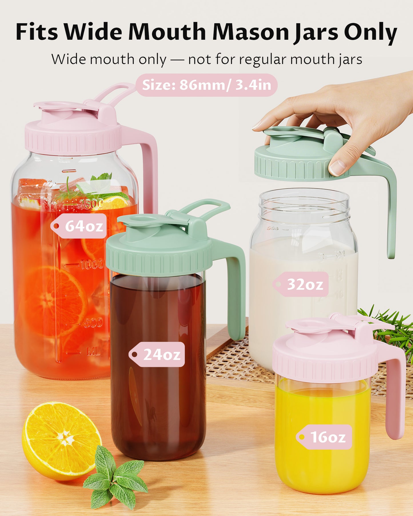 GOSCHE Mason Jar Pour Spout Lid Flip Cap Airtight Wide Mouth Mason Jar Lids with Handle for Drinking Leak Proof 2 Pack