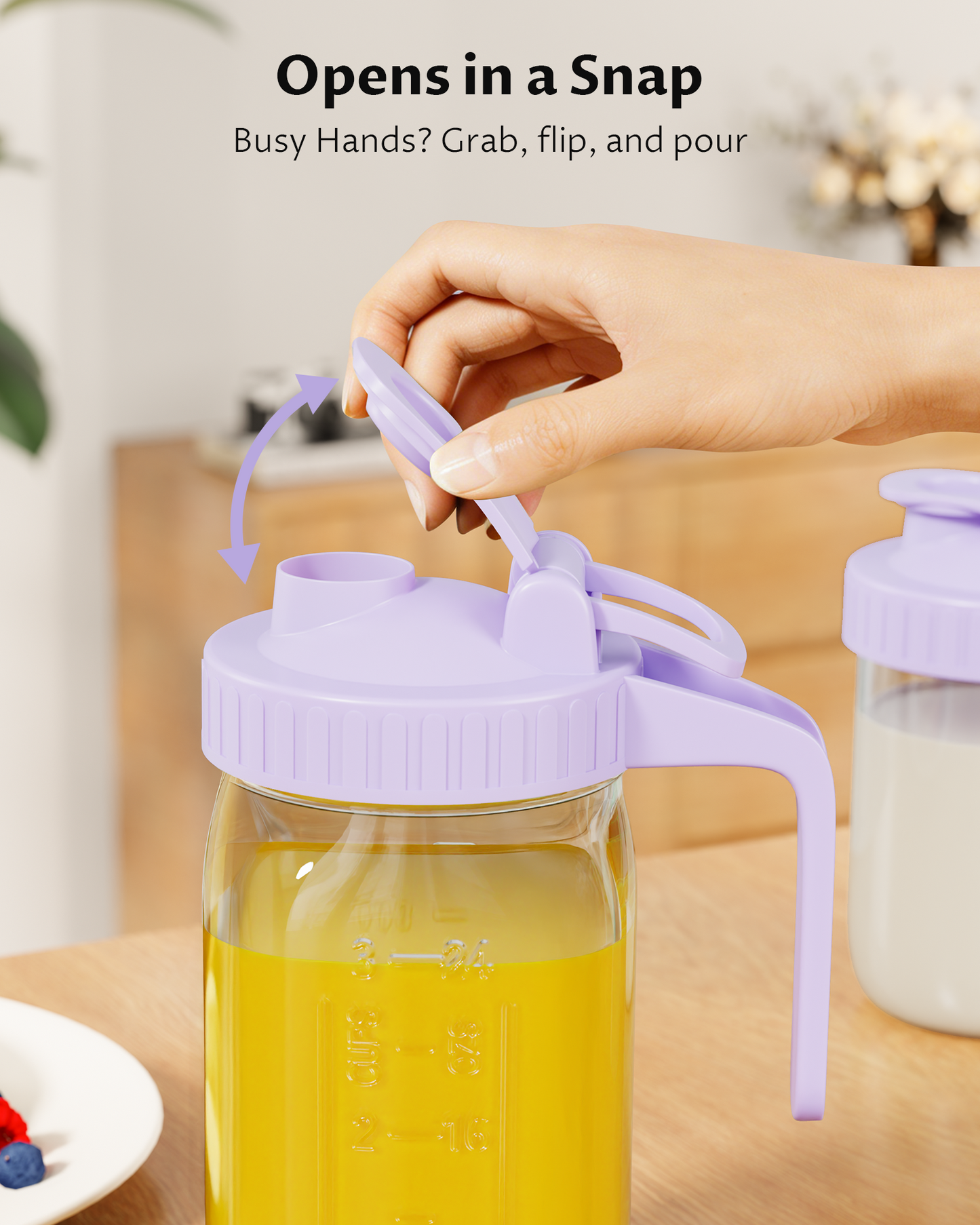 GOSCHE Mason Jar Pour Spout Lid Flip Cap Airtight Wide Mouth Mason Jar Lids with Handle for Drinking Leak Proof 2 Pack Purple White